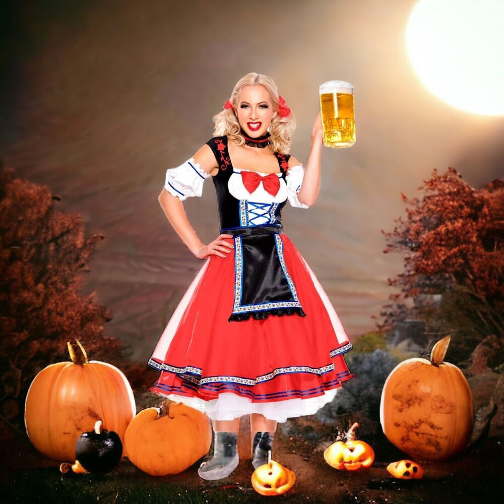 Sexy Red Oktoberfest Bavarian Beer Maiden Girl German Halloween Costume M/L New